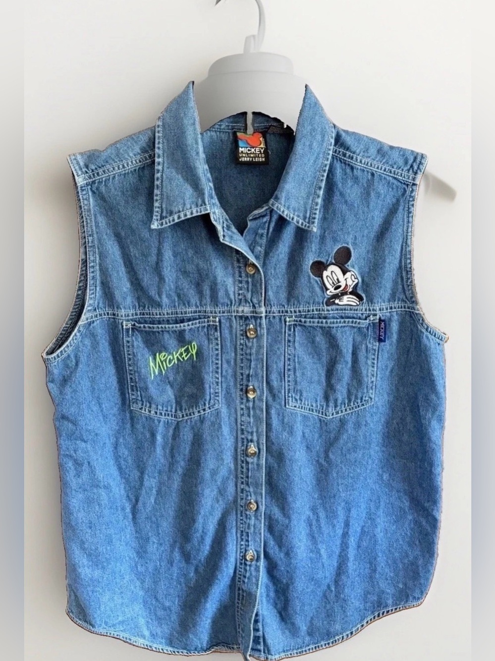 90s Disney Vintage Sleeveless Denim Button-Front Shirt with Mickey Patch